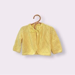 Hand crafted baby sweater ribbon tie front cardigan yellow girls 12M